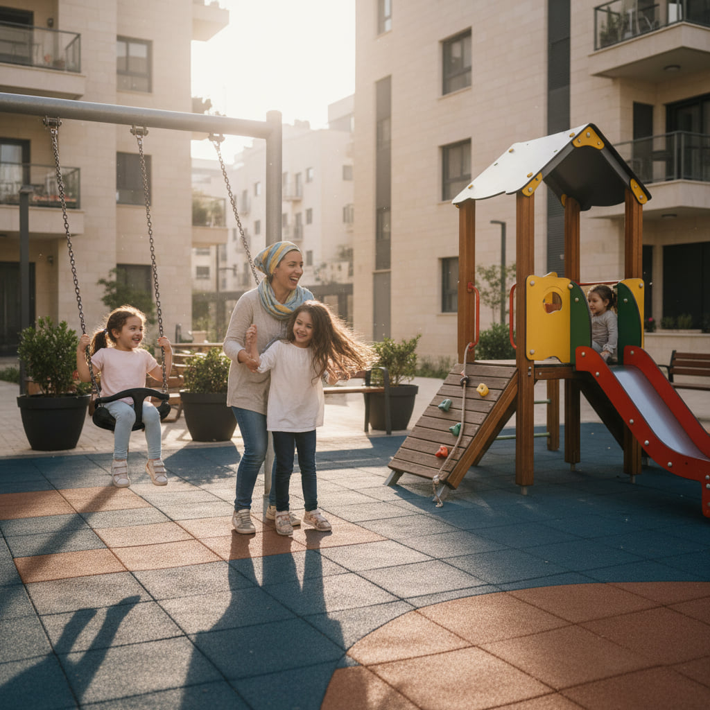 Family-friendly neighborhood scene