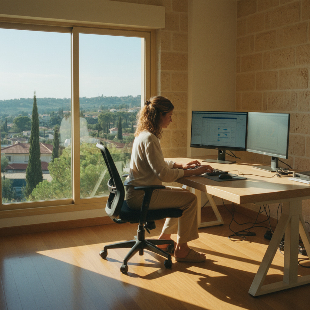 A remote worker in a home office in Kfar Daniel