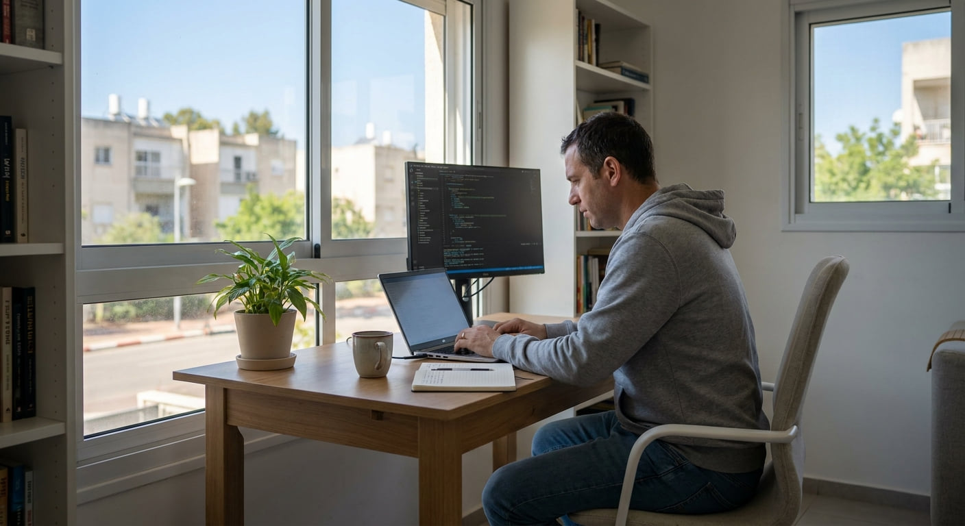 Remote worker in a home office in Kiryat Shmona