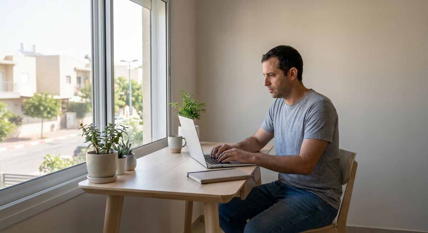 A remote worker in a home office in Rehovot