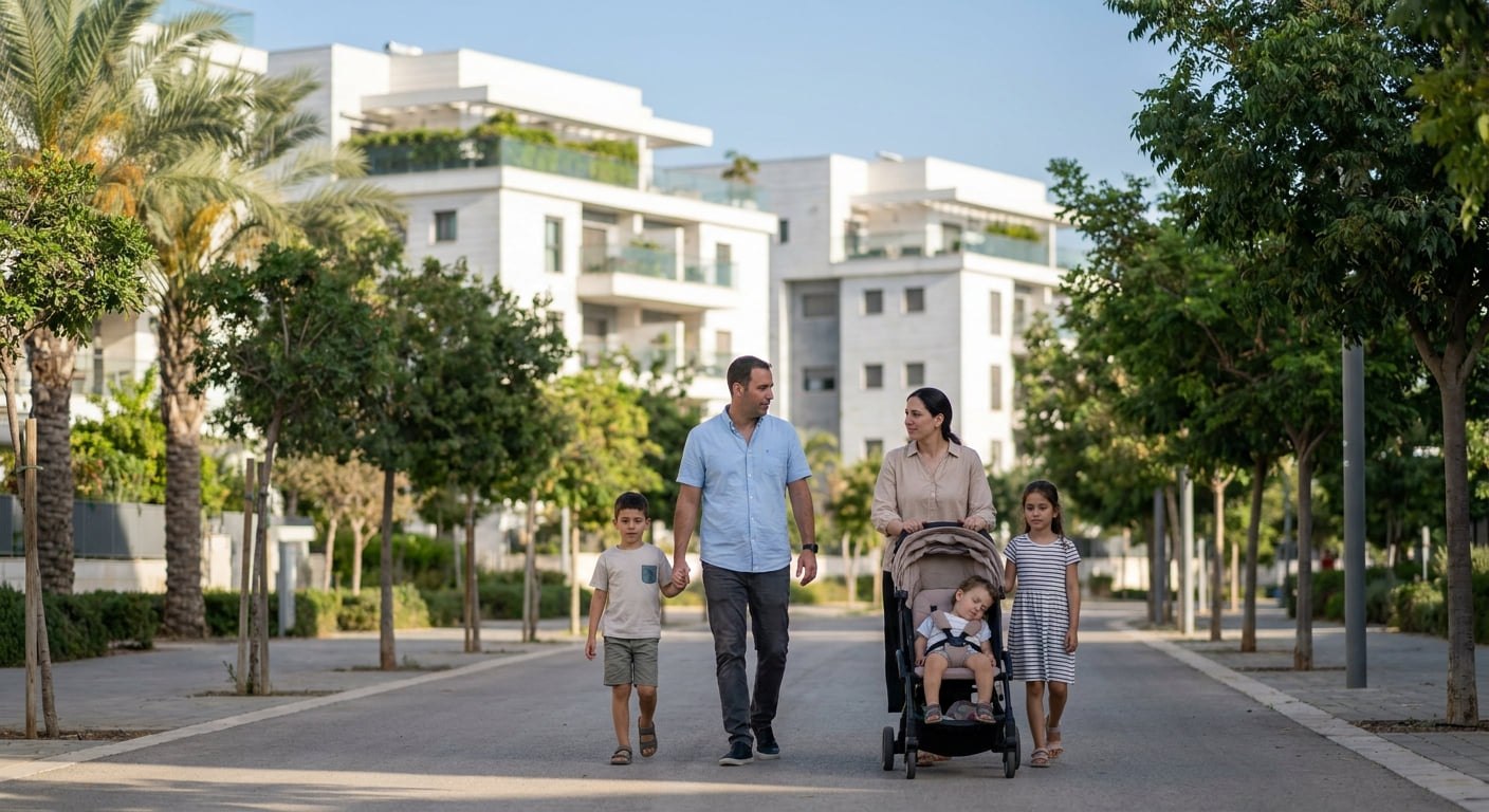A family enjoying a park in a suburban setting